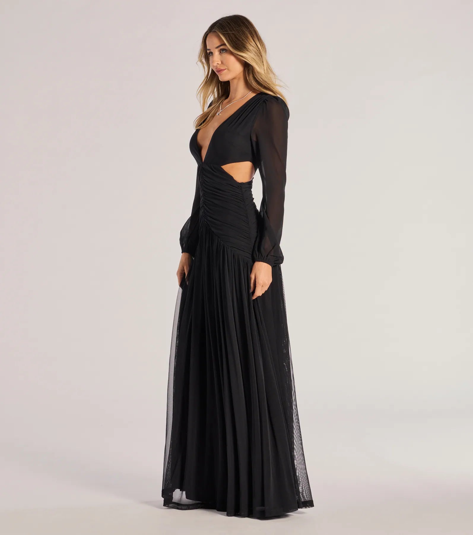 Adley Premium Long Sleeve Mesh Formal Dress with Elegant Cutouts