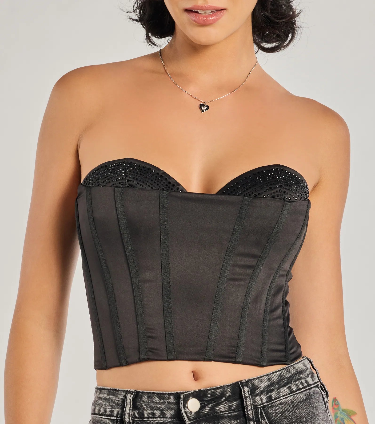 Ultimate Glam Alert Satin & Rhinestone Corset Top