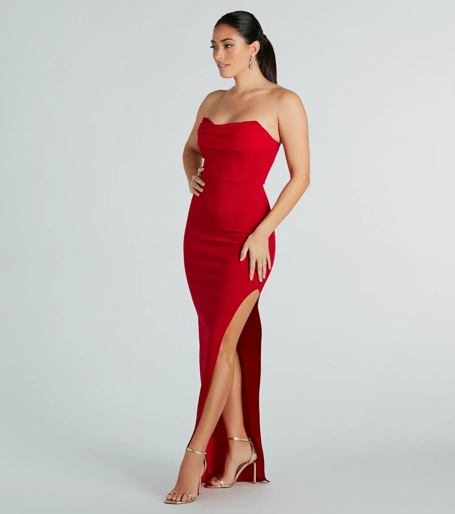 Aurie Premium Crepe Strapless Evening Gown with High Slit