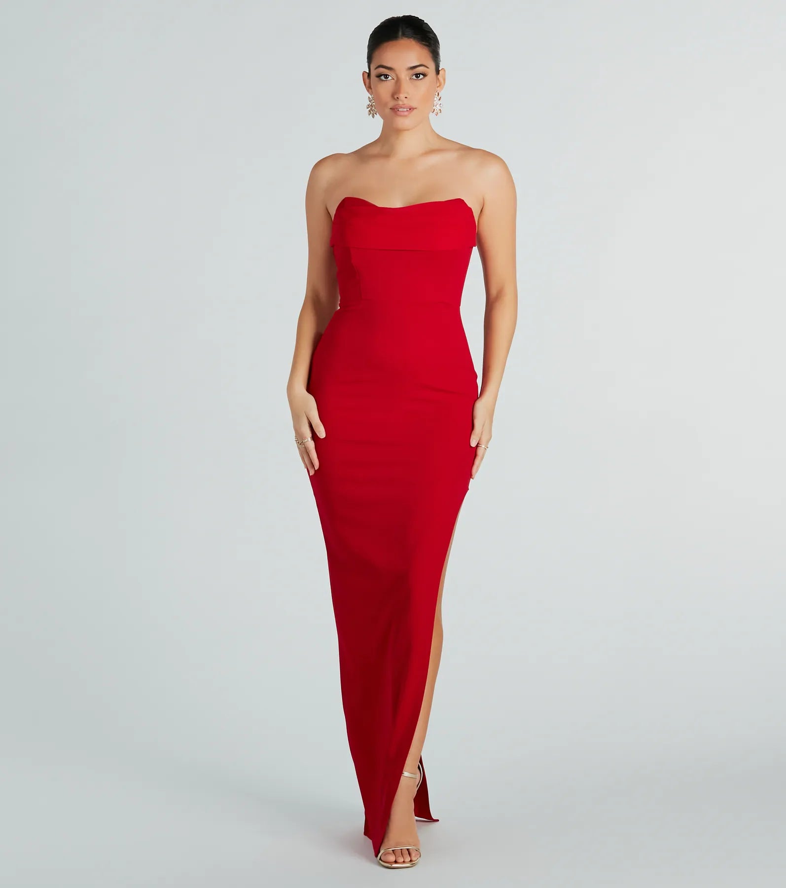 Aurie Premium Crepe Strapless Evening Gown with High Slit