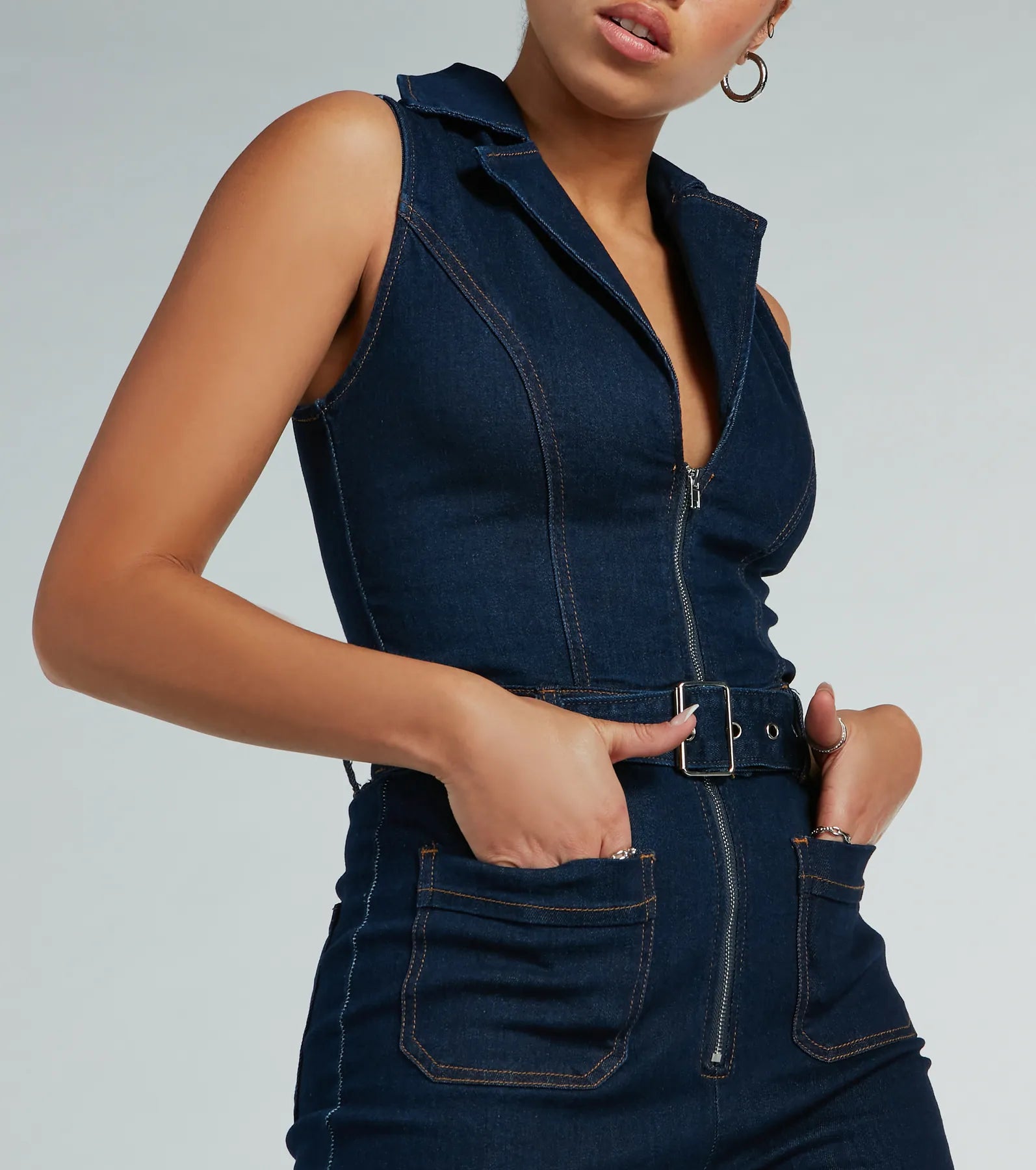 Ultimate Retro Denim Jumpsuit - Belted Flare-Leg Style