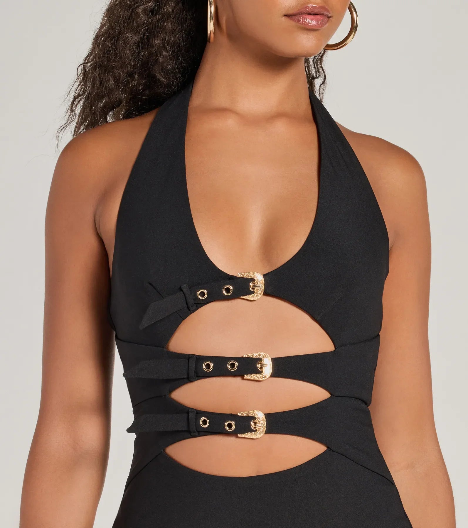 Ultimate Bold Cutie Halter Buckle Crepe Mini Dress - Night Out Essential