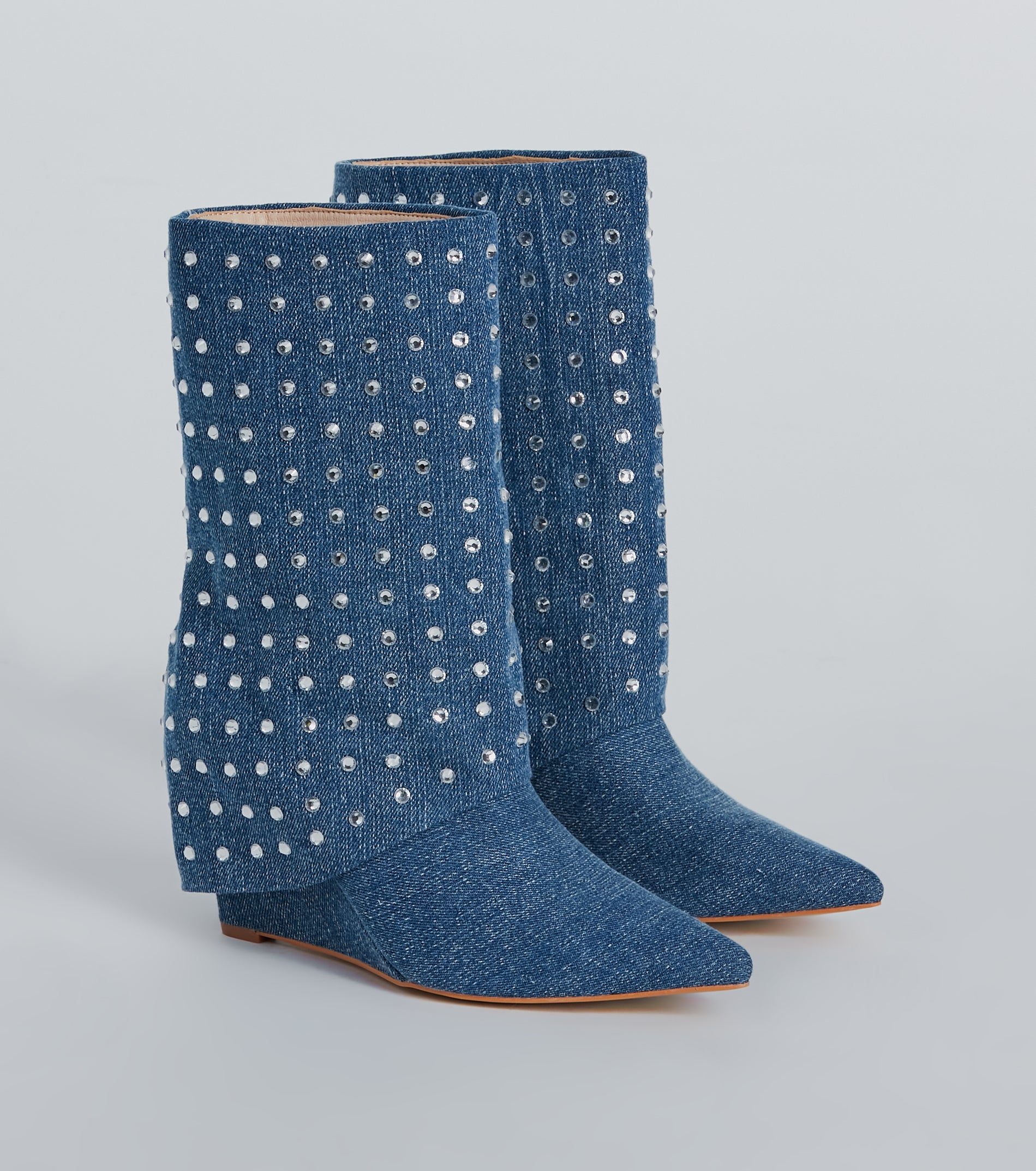 Ultimate Glam Rhinestone Fold-Over Denim Boots